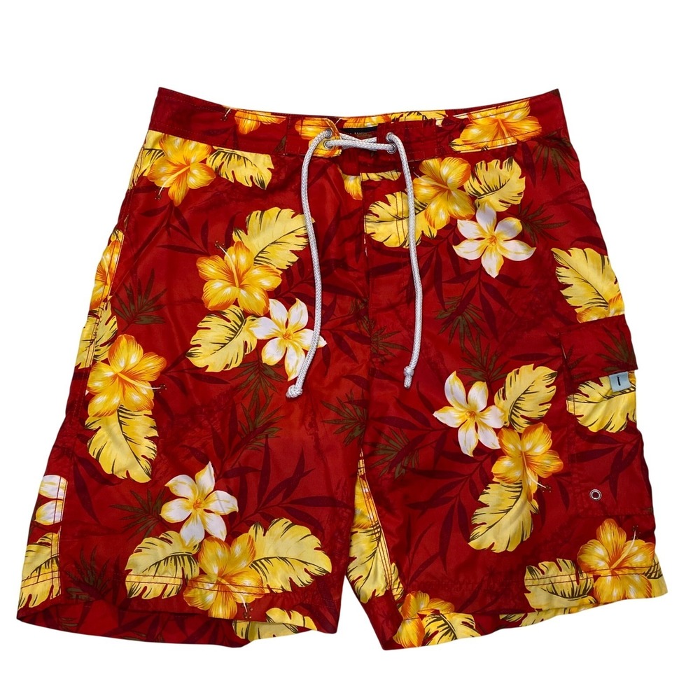 Banana Republic Men's Swim‎ Trunks Shorts Size 35 Red Hawaiian Floral